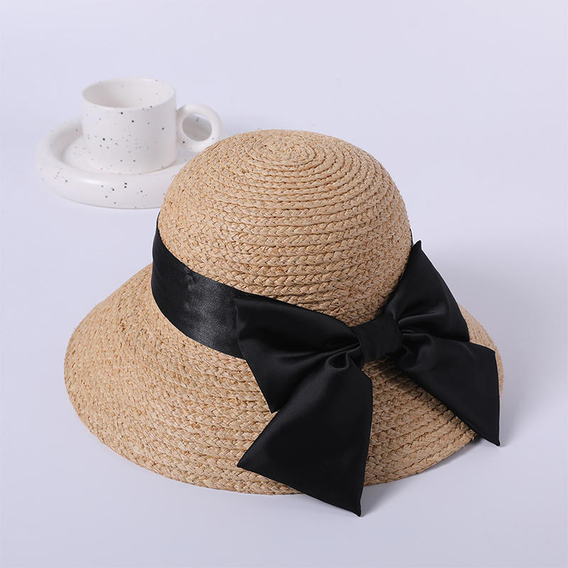 Black bow decorative straw hat women's Japanese sun hat outdoor sunshade sun hat