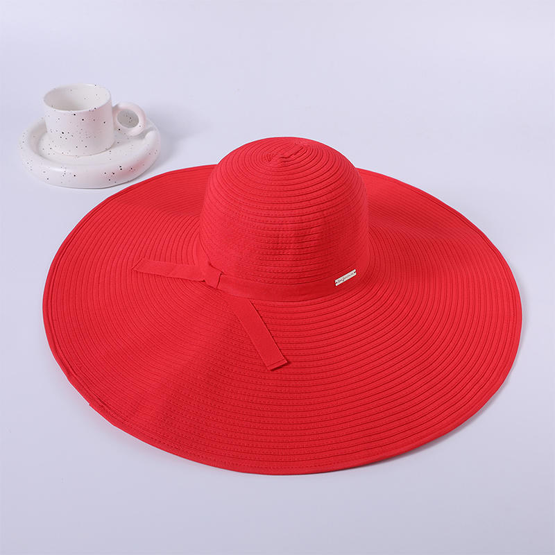 Red ribbon hat spring and summer new leisure play beach hat knitted female Korean version of the sun hat outdoor sunshade sun hat
