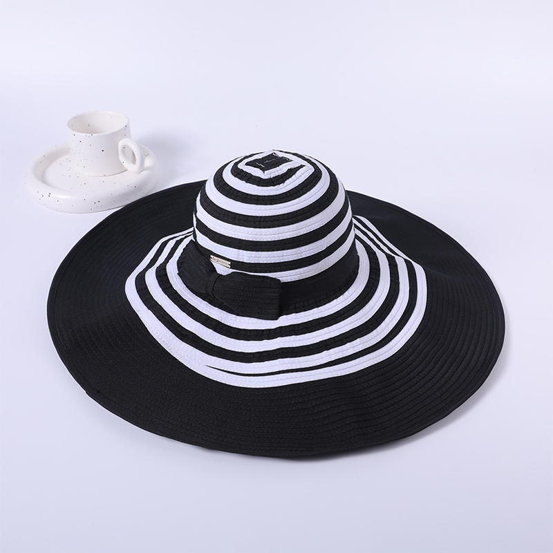 Black and white striped ribbon hat spring and summer new leisure play beach hat woven female Korean version of the sun hat outdoor sunshade hat