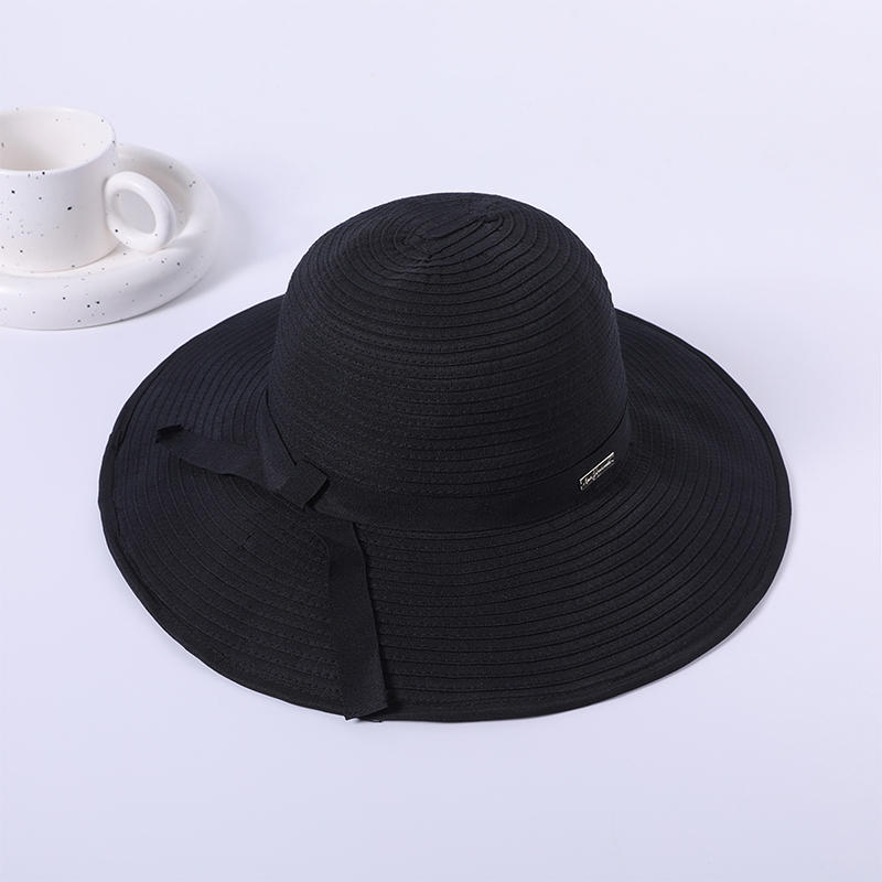 Black ribbon spring and summer new leisure play beach hat woven women's European and American style sun hat outdoor sunshade sun hat
