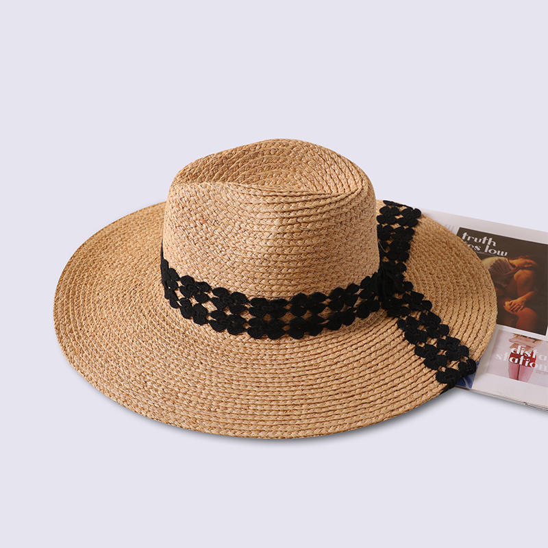 Black ribbon decorative straw hat spring and summer new leisure play beach hat woven women's European and American style panama hat outdoor sunshade hat