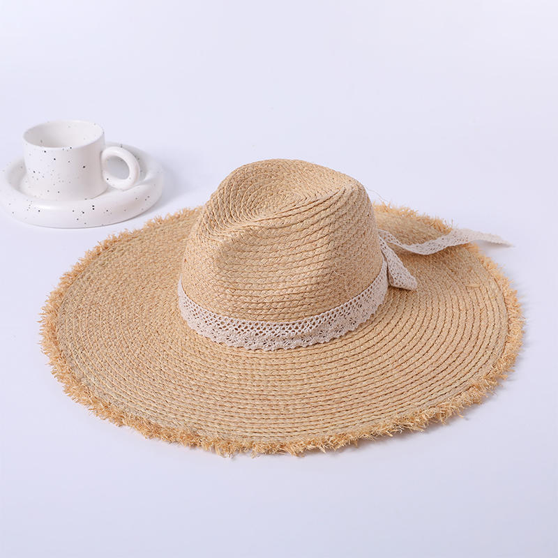 White ribbon decorative straw hat spring and summer new leisure play beach hat woven women's European and American style panama hat outdoor sunshade sunscreen hat