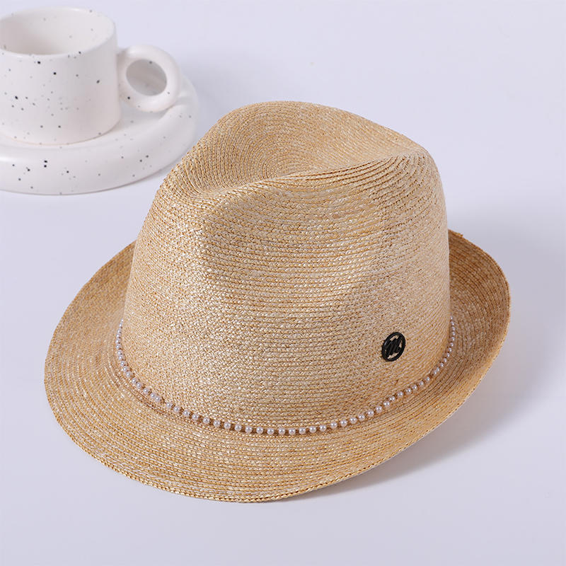 Straw hat spring and summer new leisure play beach hat woven female Korean version top hat pearl decoration outdoor sunshade sunscreen hat