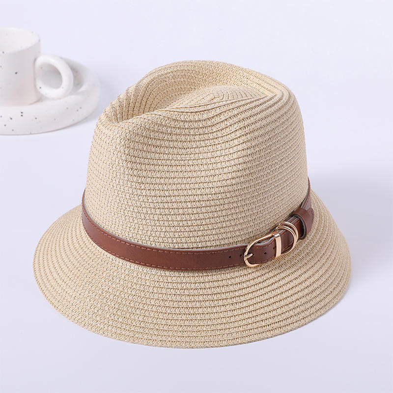 Straw hat with belt spring and summer new leisure play beach hat woven female European and American style top hat outdoor sunshade sunscreen hat