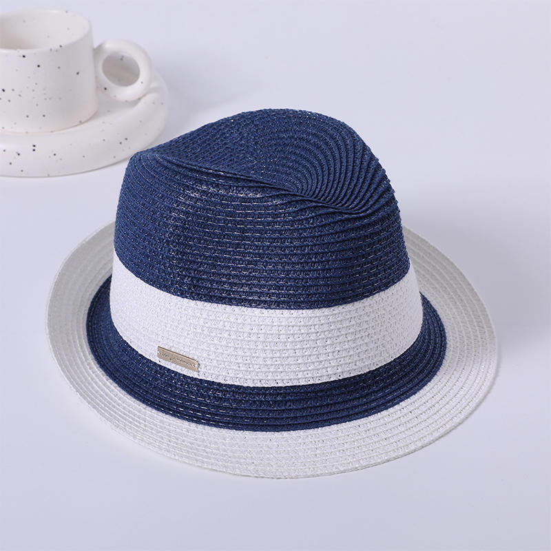 Blue and white monofilament debate handmade grass woven ladies European and American style striped ribbon hat