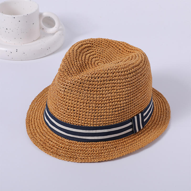 Fine monofilament crochet handmade grass woven ladies European and American style striped ribbon hat