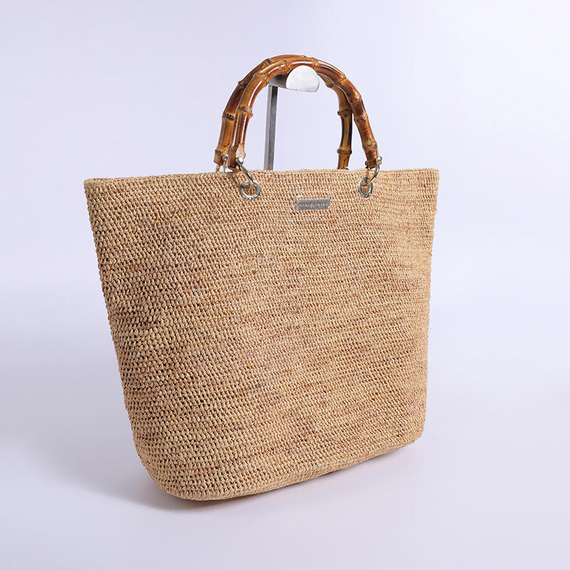 Imported raffia hand hook sea stall wind leather bamboo hand bag composed of woven fine crochet TOTE bag