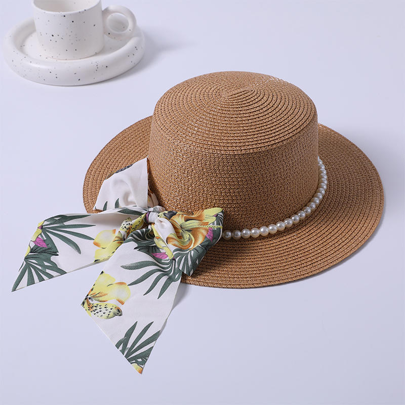 Ladies Straw Hat with Pearl Embellished Ribbon Bow