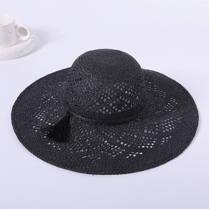 Straw hat spring and summer beach hat woven black round hat women's European and American style sun hat outdoor sunshade sun hat