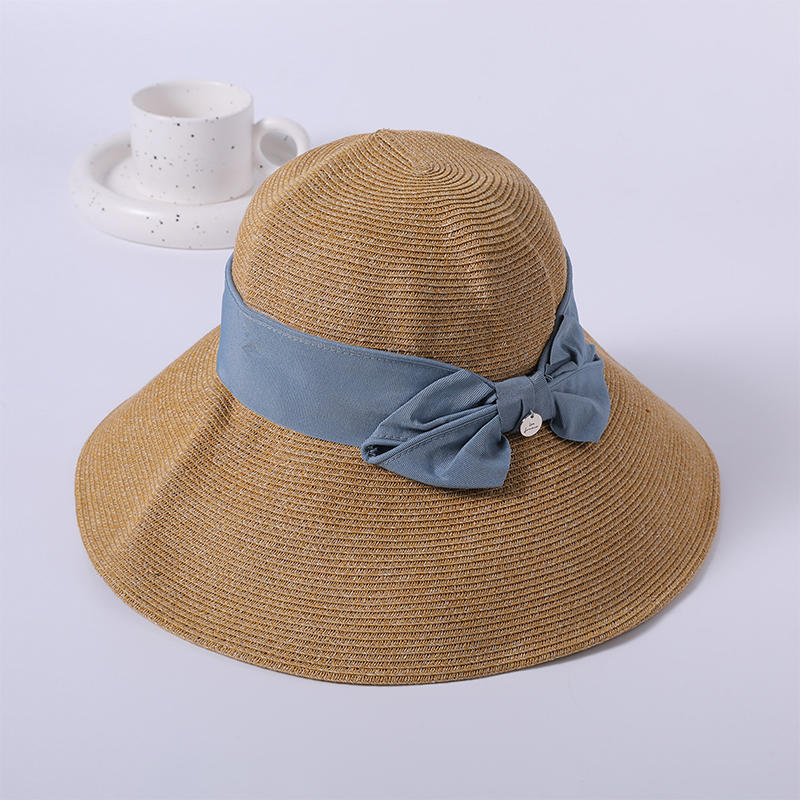 Blue bow decorative straw hat outdoor sunshade sun hat