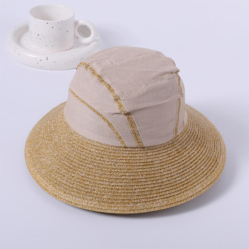Splicing fabric straw hat spring and summer new leisure play beach hat woven female Japanese sun hat outdoor sunshade sun hat