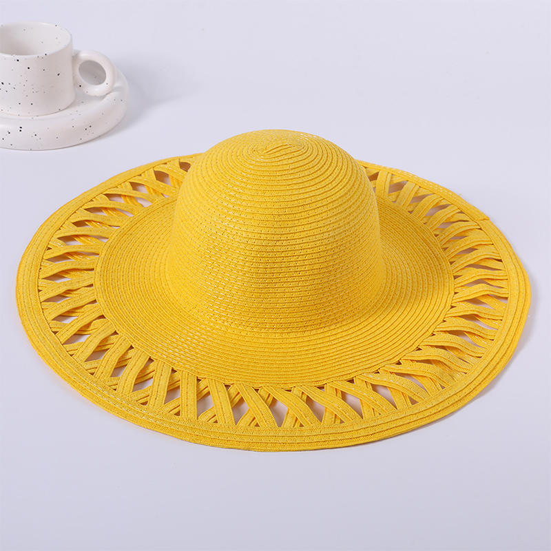 Yellow woven hollow beach hat women's European and American style sun hat outdoor sunshade sun hat
