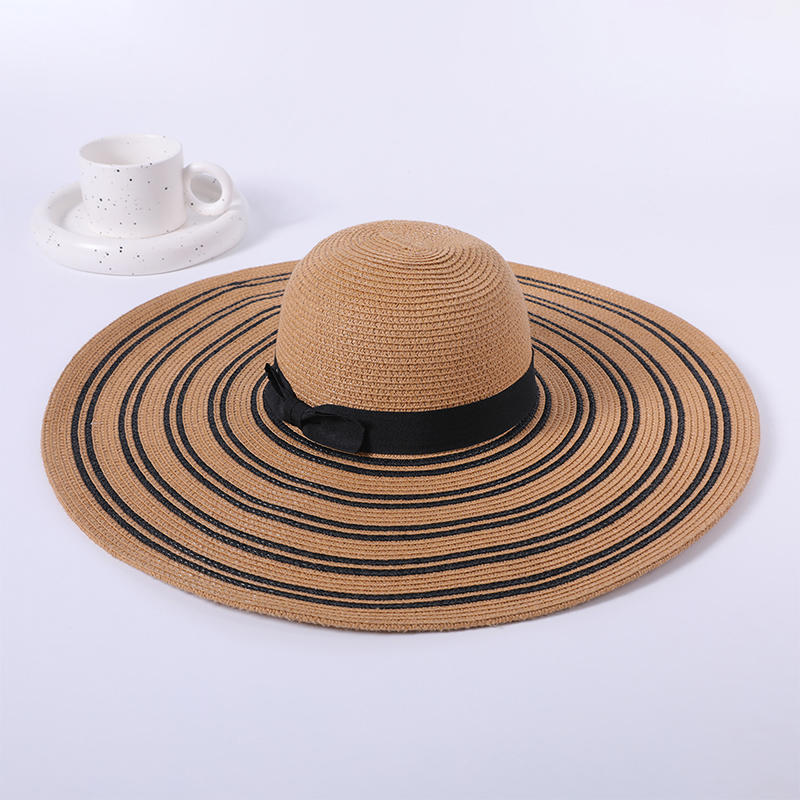 Big brim hat black striped straw hat spring and summer new leisure play beach hat woven outdoor sunshade sunscreen hat