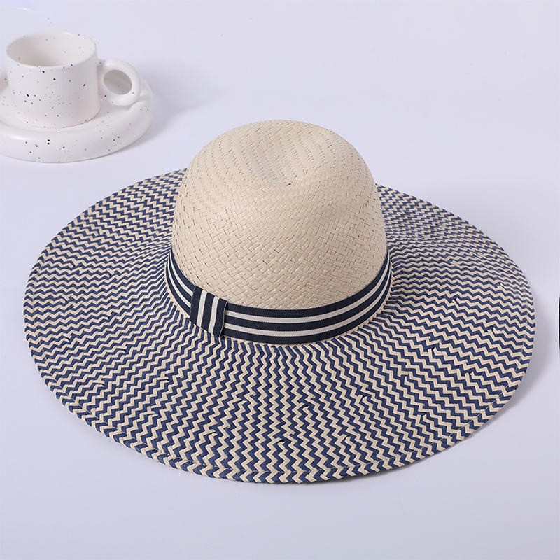 Big brim hat blue striped straw hat women's European and American style outdoor sunshade hat