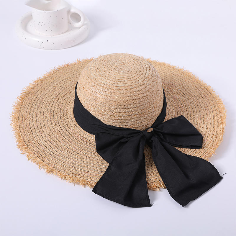 Black bow straw hat spring and summer new leisure play beach hat knitted female Korean version of the sun hat outdoor sunshade sun hat
