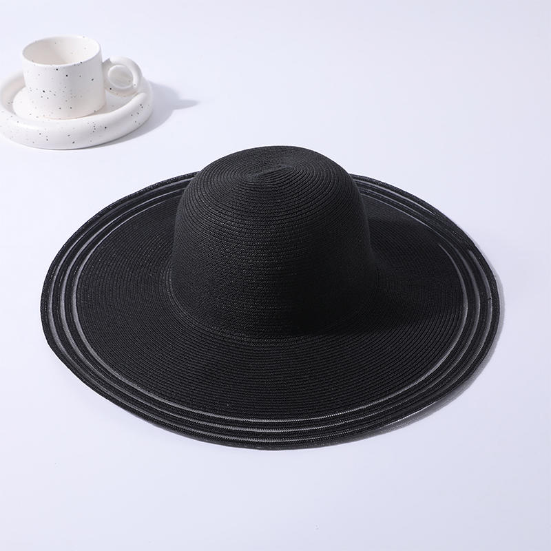 Black transparent brim straw hat spring and summer new leisure play beach hat woven women's European and American style sun hat outdoor sunshade sun hat