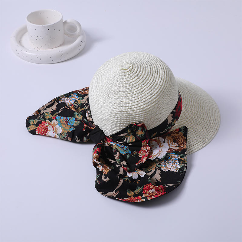 Flower color bow straw hat spring and summer new leisure play beach hat knitted female Korean version of the sun hat outdoor sunshade sun hat