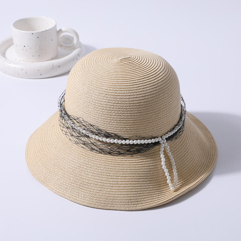 Straw hat spring and summer new pearl ribbon decoration female Korean sun hat outdoor sunshade sun hat
