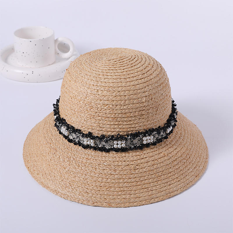Imported raffia hand-woven fisherman hat with small fragrant pearls and raw edge webbing to add hat style