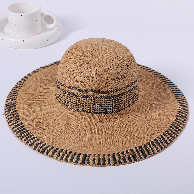 Straw hat spring and summer new leisure play beach hat edge black striped decorative woven women's European and American style sun hat outdoor sunshade sun hat