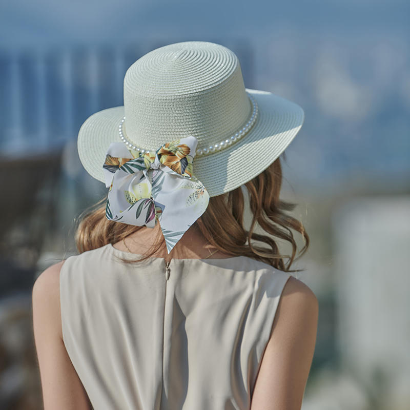 Ladies Straw Hat with Pearl Embellished Ribbon Bow
