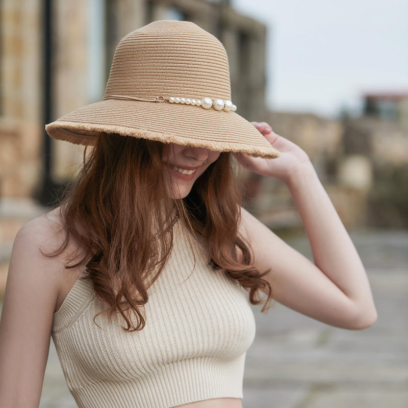 Pink straw hat spring and summer new pearl decoration female Korean sun hat outdoor sunshade sun hat