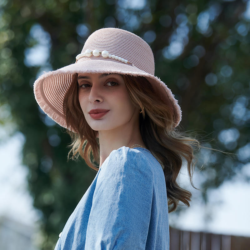Pink straw hat spring and summer new pearl decoration female Korean sun hat outdoor sunshade sun hat