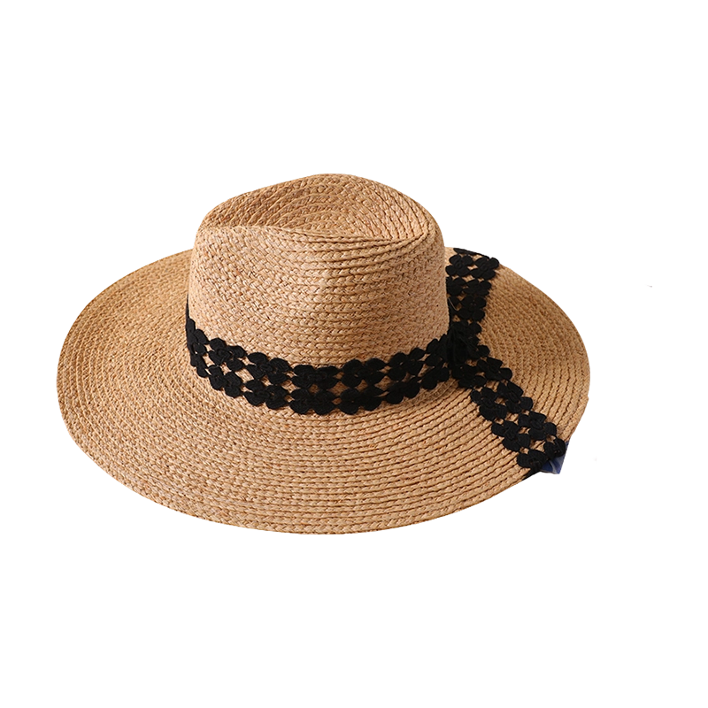 Black ribbon decorative straw hat spring and summer new leisure play beach hat woven women's European and American style panama hat outdoor sunshade hat