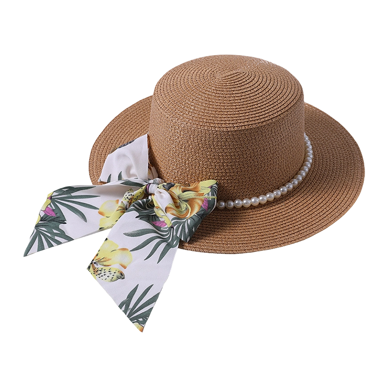 Ladies Straw Hat with Pearl Embellished Ribbon Bow