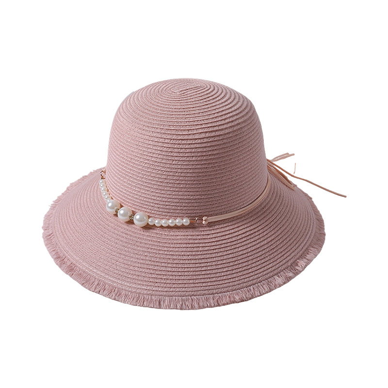 Pink straw hat spring and summer new pearl decoration female Korean sun hat outdoor sunshade sun hat