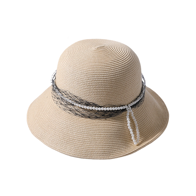 Straw hat spring and summer new pearl ribbon decoration female Korean sun hat outdoor sunshade sun hat