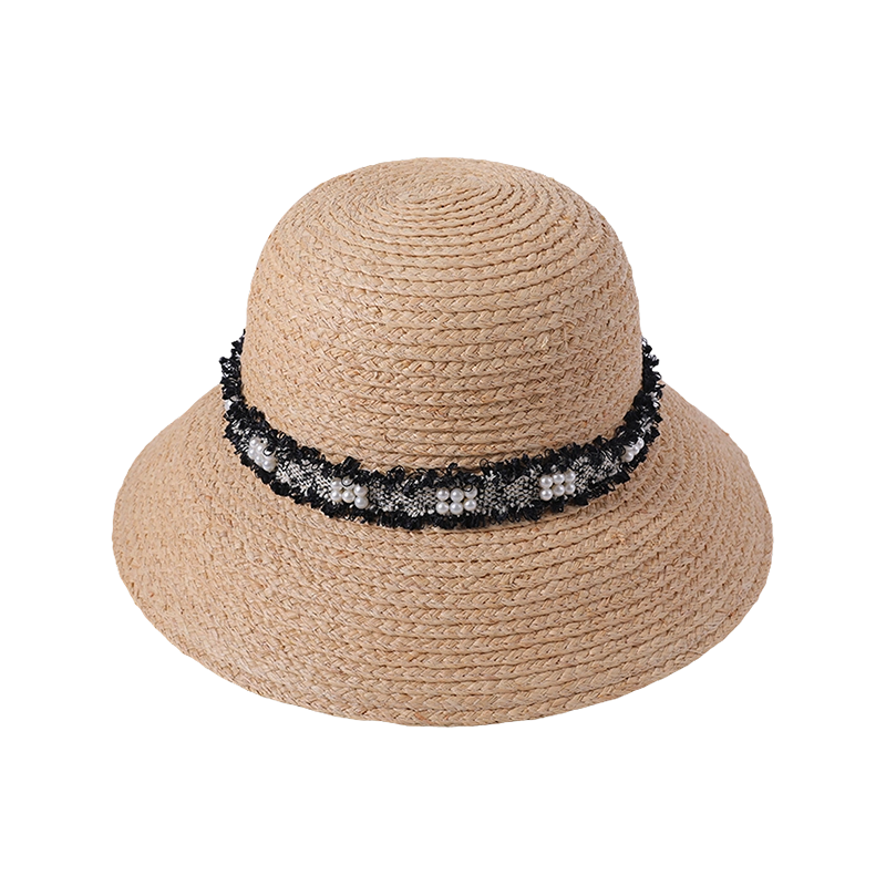 Imported raffia hand-woven fisherman hat with small fragrant pearls and raw edge webbing to add hat style