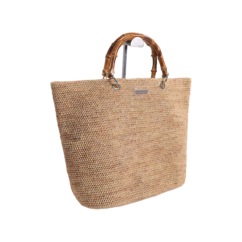 Imported raffia hand hook sea stall wind leather bamboo hand bag composed of woven fine crochet TOTE bag