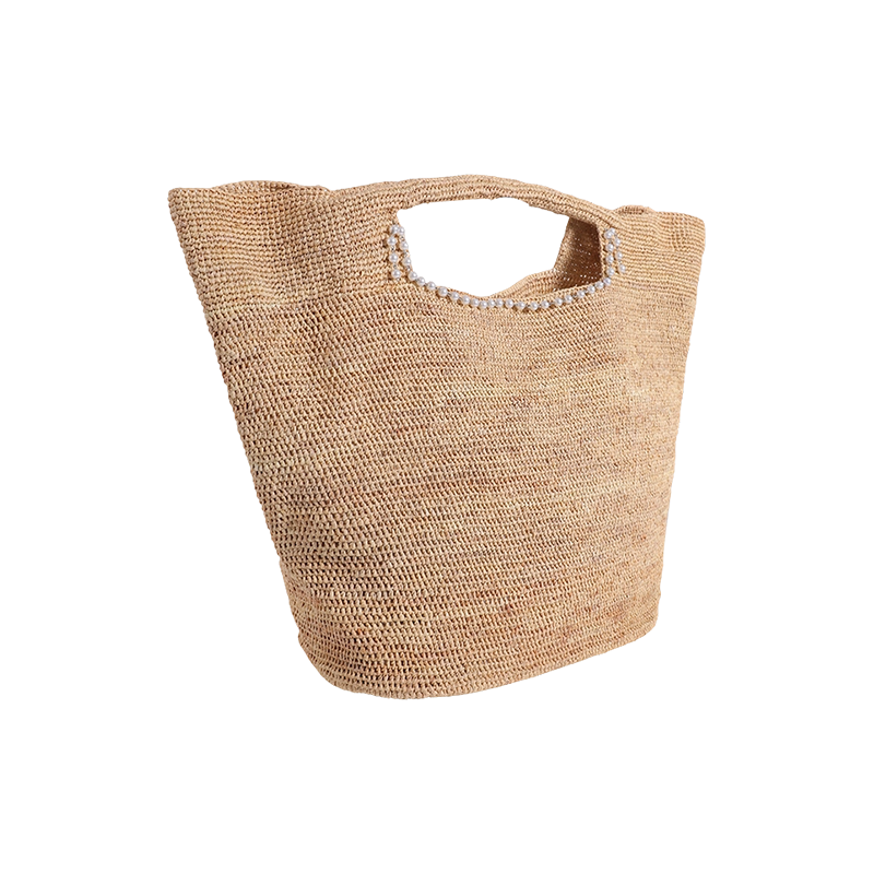 Imported raffia hand hook plus pearl chain sea stall wind leather bamboo hand bag composed of woven fine crochet TOTE bag