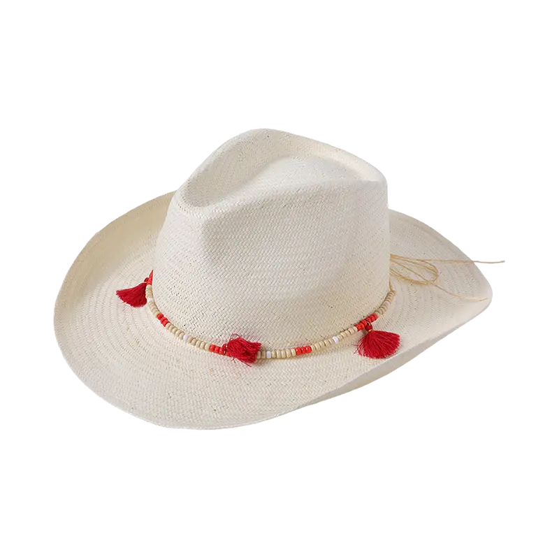 Elevate your summer look with Handcrafted Straw Hats for Women featuring charming red tassel details.